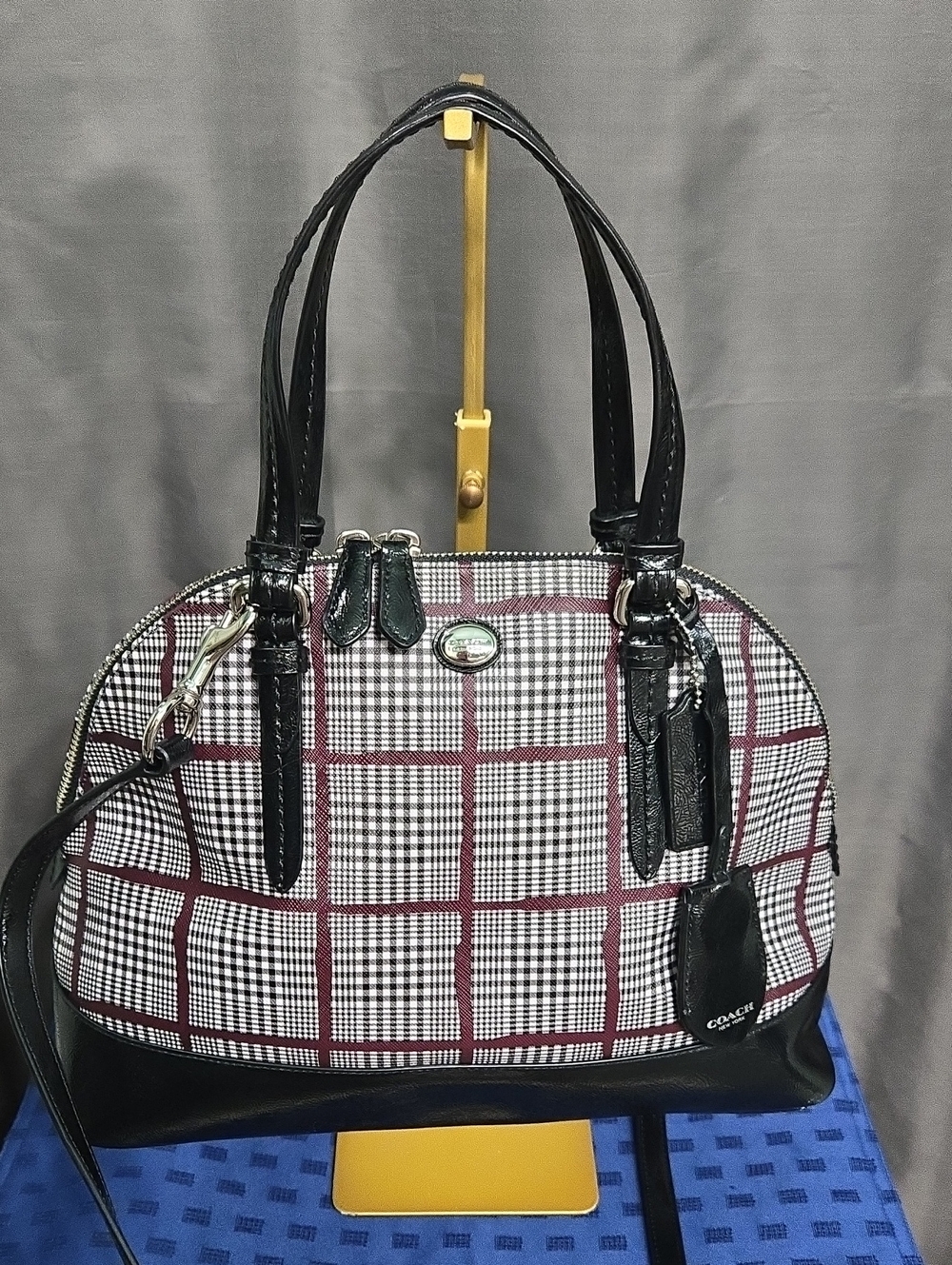 Coach Black and Burgundy Plaid Dome Satchel with Silver Hardware